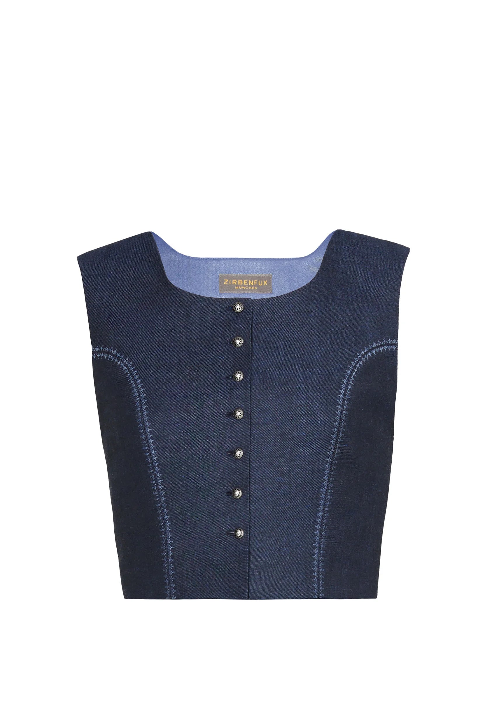 Fuxerl Charlie aus dunkelblauer Leinen-Schurwolle – Frontansicht als Freisteller, handgefertigt in München von Zirbenfux