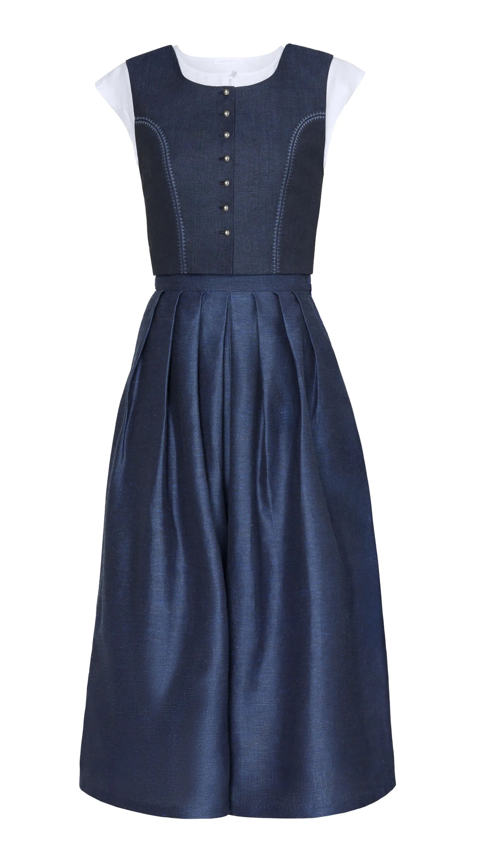 Kombination aus Hosenrock Audrey und Fuxerl Charlie aus dunkelblauer Leinen-Schurwolle-Mischung – Frontansicht, freigestellt vor neutralem Hintergrund, nachhaltig gefertigt von Zirbenfux