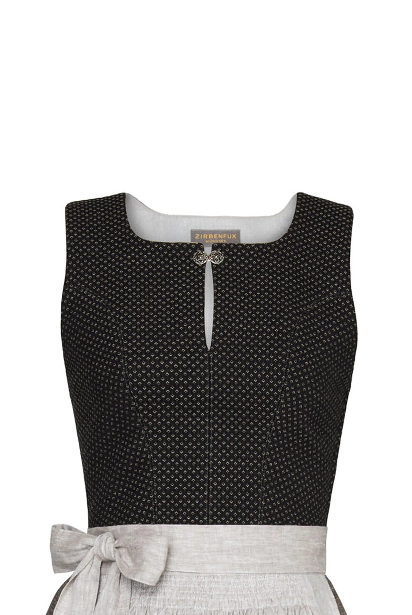 Nahaufnahme des hochgeschlossenen Mieders Marlene aus schwarzer Schurwolle – Frontansicht als Freisteller, detailreich gearbeitet, handgefertigt in München von Zirbenfux