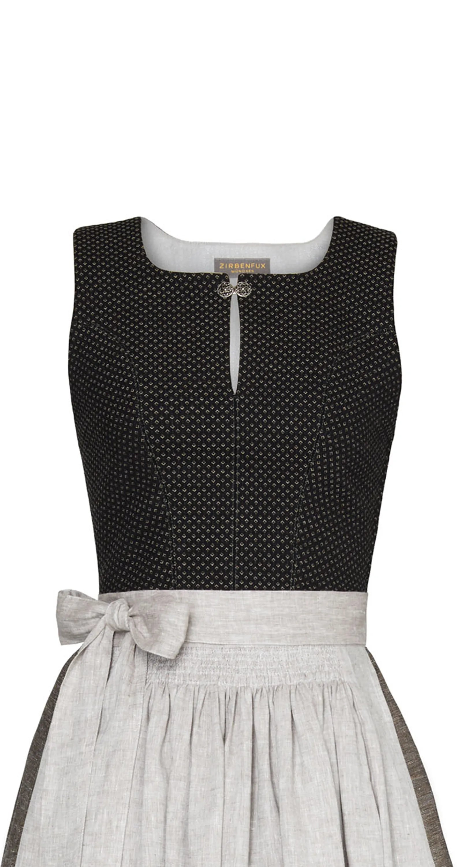 Nahaufnahme des hochgeschlossenen Mieders Marlene aus schwarzer Schurwolle – Frontansicht als Freisteller, detailreich gearbeitet, handgefertigt in München von Zirbenfux