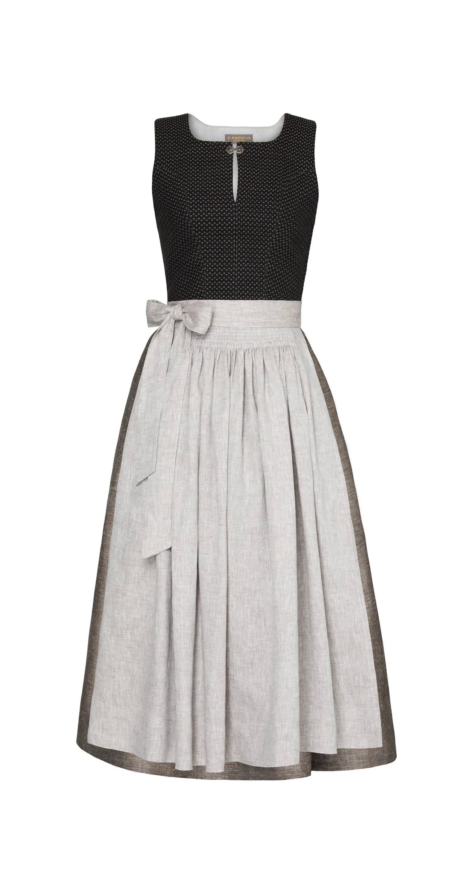 Mieder Marlene aus schwarzer Schurwolle, kombiniert mit Rock Marlene und naturfarbener Leinenschürze – Frontansicht als Freisteller, handgefertigt in München von Zirbenfux