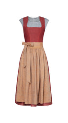 Dirndl Ava aus Leinen-Schurwolle-Mischung in pinker Beere, kombiniert mit ocker-gelb gestreifter Dirndlschürze aus Leinen – Frontansicht als Freisteller, handgefertigt in München von Zirbenfux