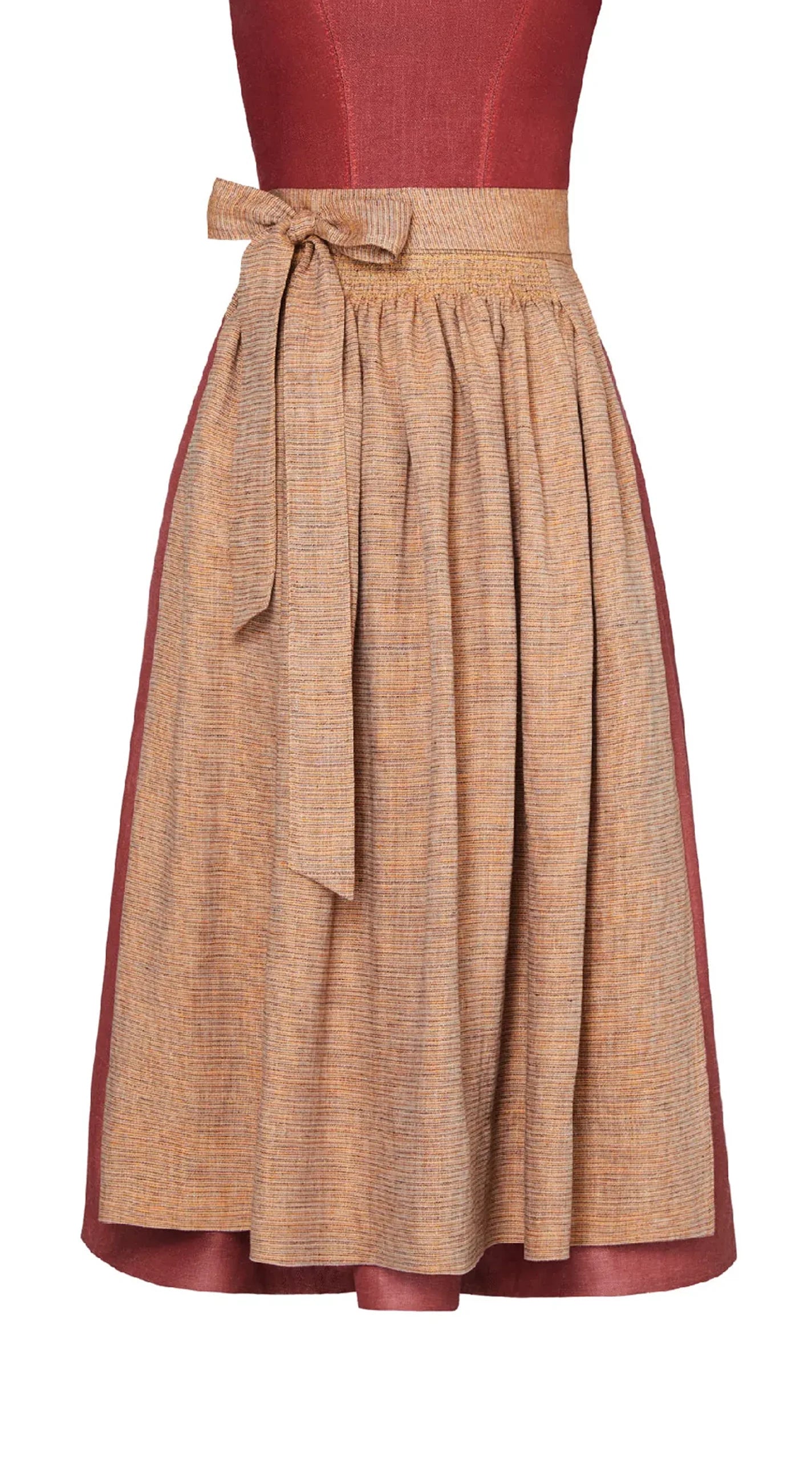 Dirndlschürze aus Leinen in Farbe ocker mit Streifenmuster – Frontansicht als Freisteller, handgefertigt in München von Zirbenfux