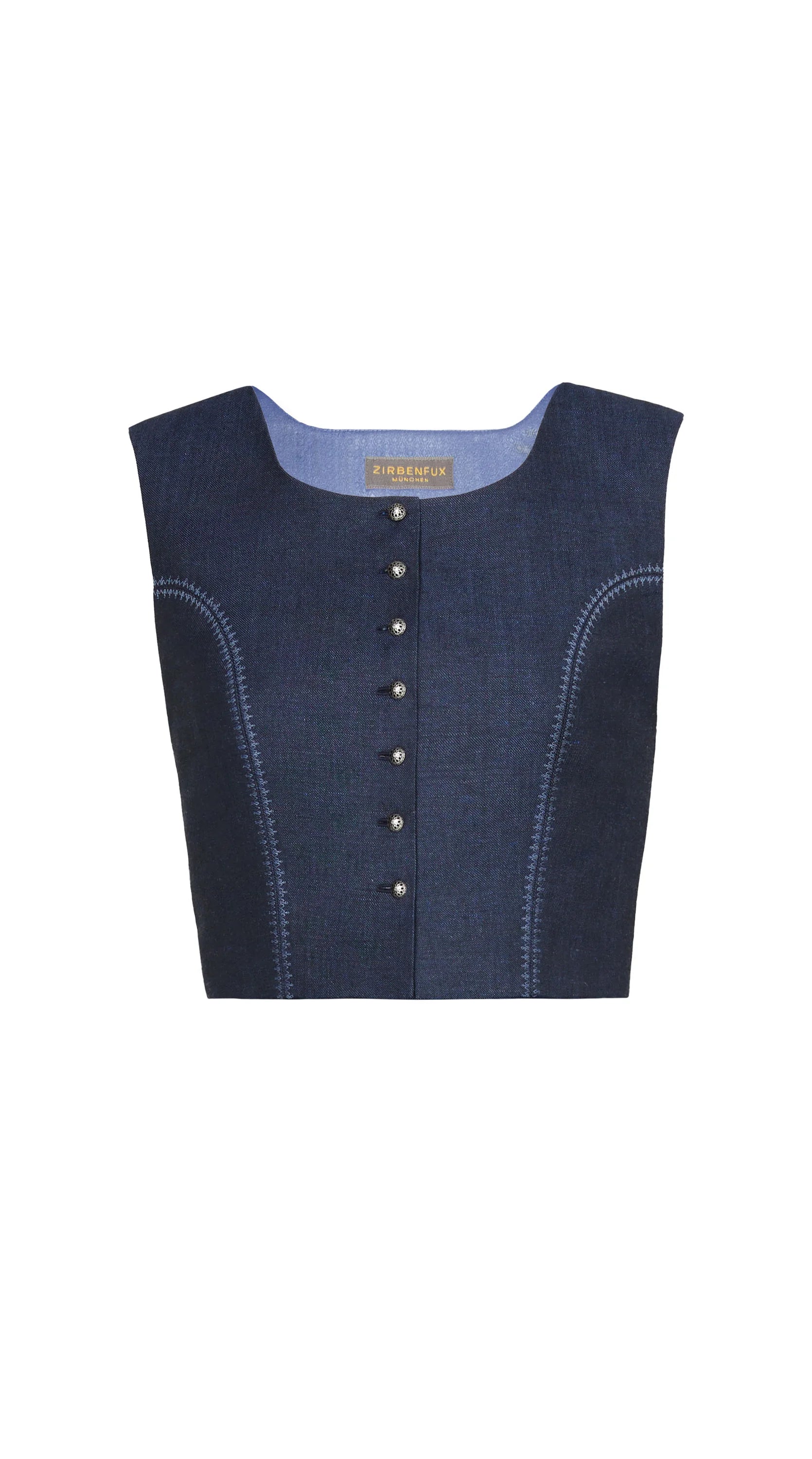 Fuxerl Charlie aus dunkelblauer Leinen-Schurwolle – Frontansicht als Freisteller, handgefertigt in München von Zirbenfux