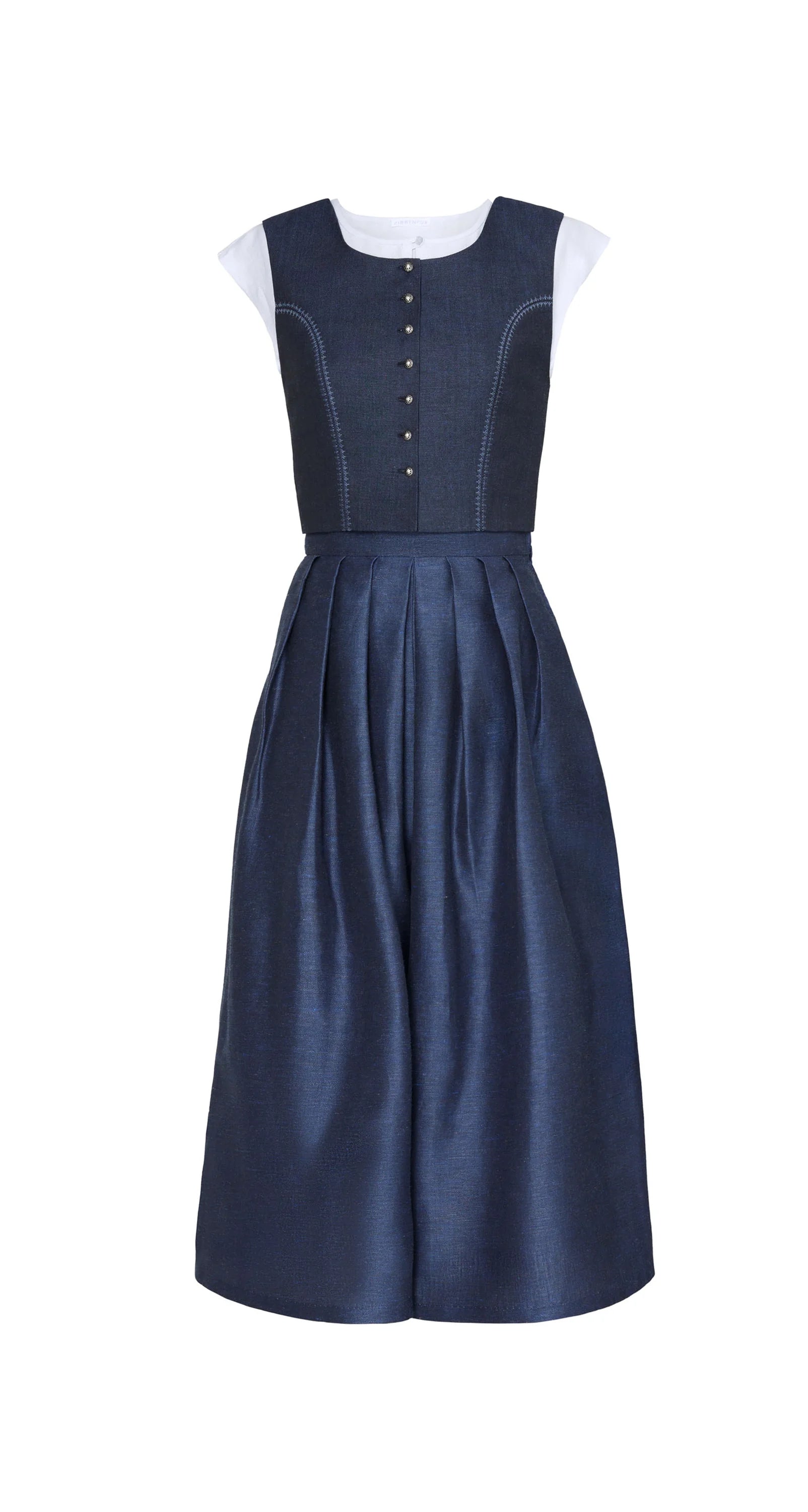 Kombination aus Hosenrock Audrey und Fuxerl Charlie aus dunkelblauem Leinen – Frontansicht als Freisteller, nachhaltig gefertigt von Zirbenfux