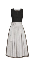 Mieder Marlene aus schwarzer Schurwolle, kombiniert mit Rock Marlene und naturfarbener Leinenschürze – Frontansicht als Freisteller, handgefertigt in München von Zirbenfux